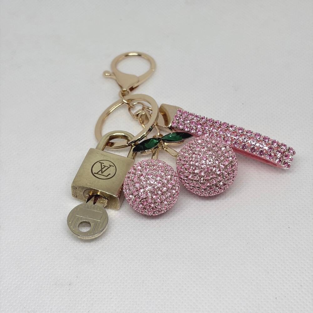 Louis Vuitton Lock & Key #220 w/a Pink Crystal Pavé Cherry Bag Charm Keychain